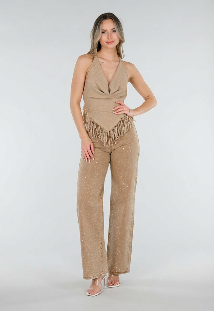 Camel Wide Leg Jeans met Strass en Hoge Taille