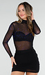 Zwarte Mesh Body met Blauwe Glitters en Lange Mouwen  en Col