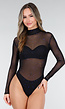 Zwarte Mesh Body met Blauwe Glitters en Lange Mouwen  en Col