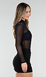 Zwarte Mesh Body met Blauwe Glitters en Lange Mouwen  en Col