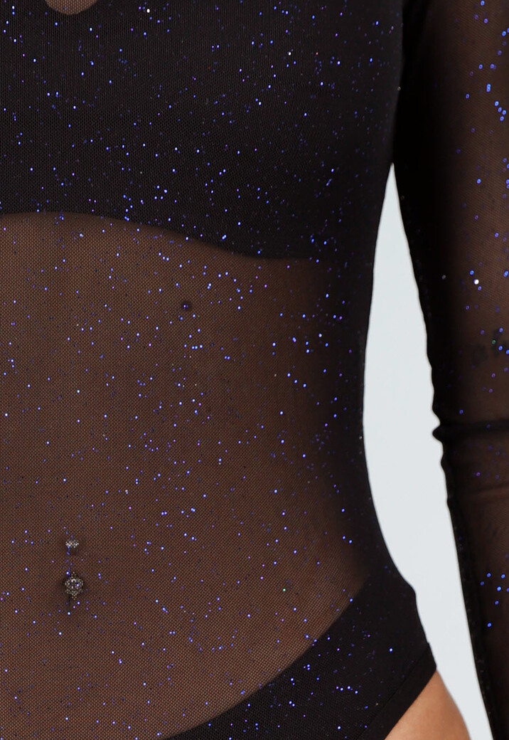 Zwarte Mesh Body met Blauwe Glitters en Lange Mouwen  en Col