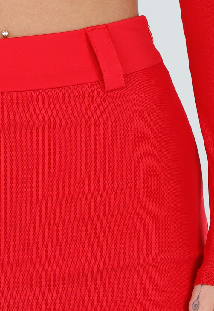 Rode Mesh Skort met Stretch en Riemlussen