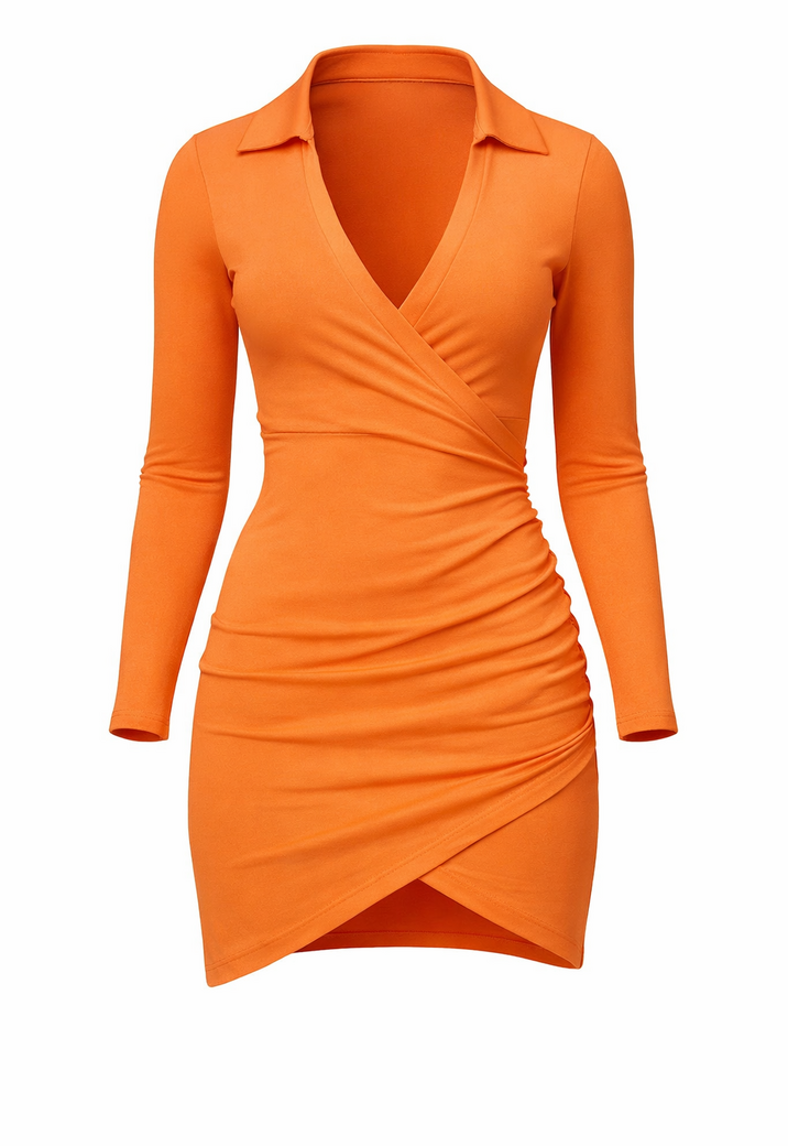 Oranje Bodycon Jurkje met V-Hals en Kraagje