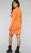 Oranje Bodycon Jurkje met V-Hals en Kraagje