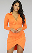Oranje Bodycon Jurkje met V-Hals en Kraagje