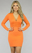 Oranje Bodycon Jurkje met V-Hals en Plooitjes
