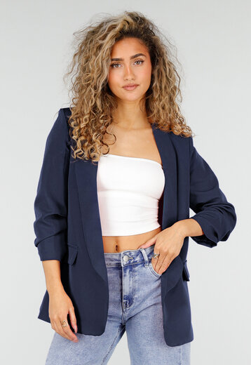 Marine Blauwe Blazer met Geplooide Driekwart Mouwen