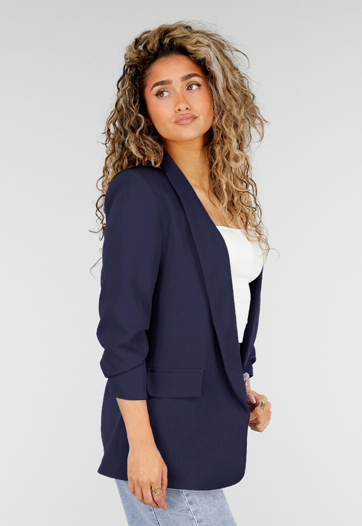 Marine Blauwe Blazer met Geplooide Driekwart Mouwen