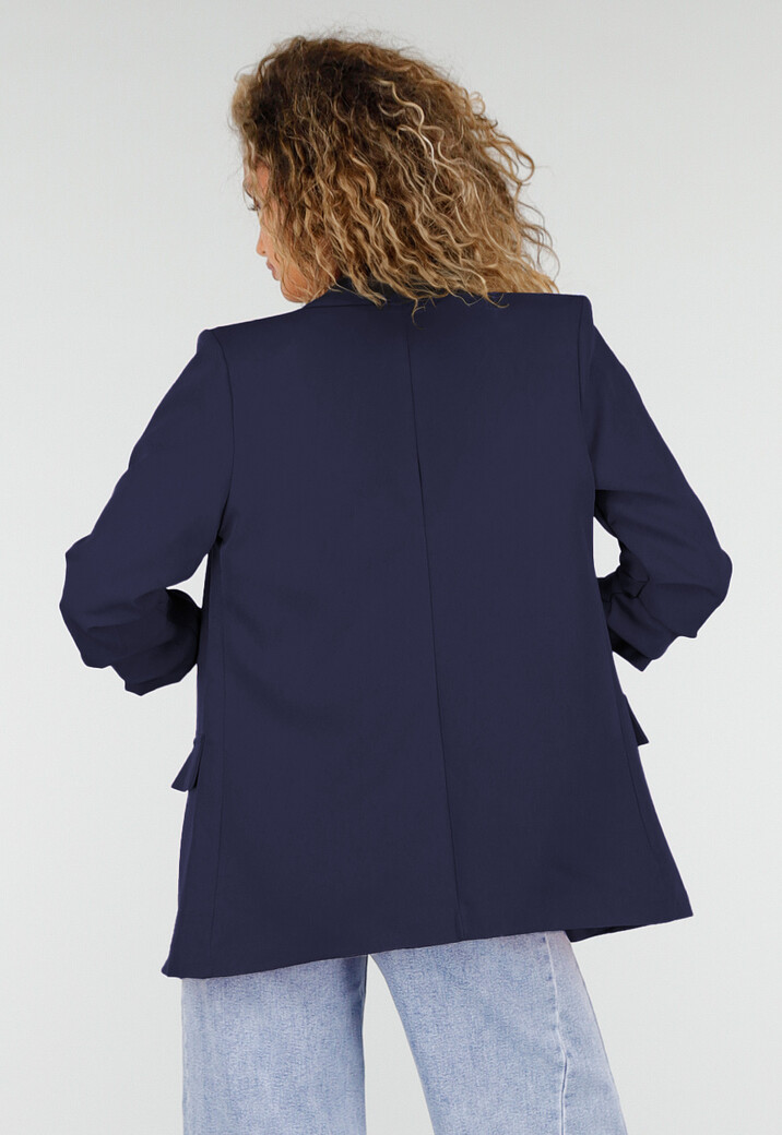 Marine Blauwe Blazer met Geplooide Driekwart Mouwen