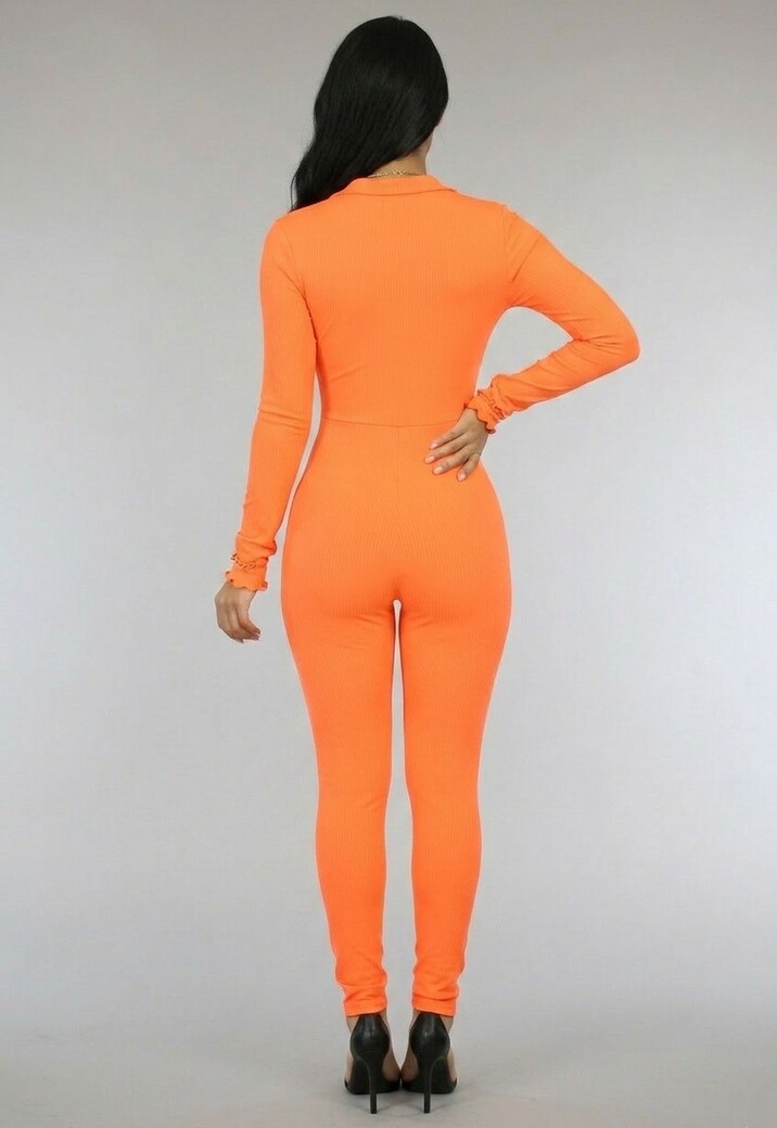 Oranje Stretch Rib Jumpsuit met Rits