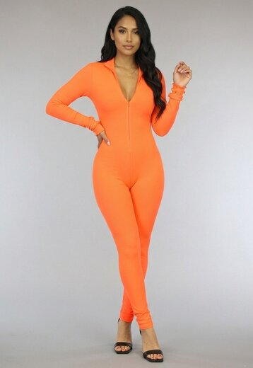 Oranje Stretch Rib Jumpsuit met Rits