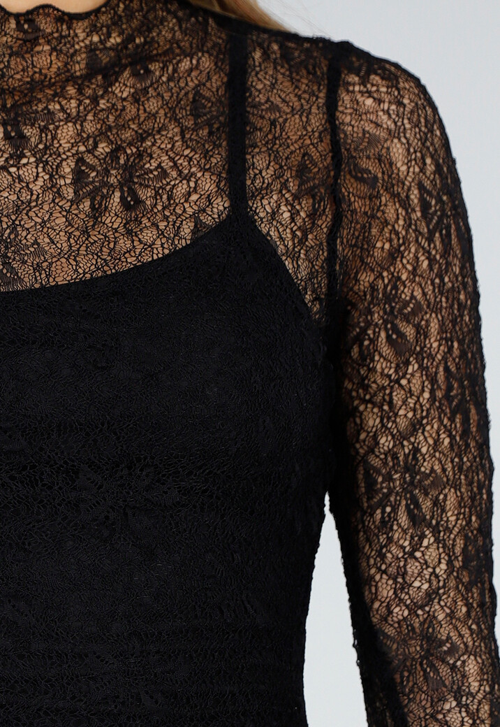 Zwarte Midi Jurk van Kant met Lange Mouwen en Onderjurk