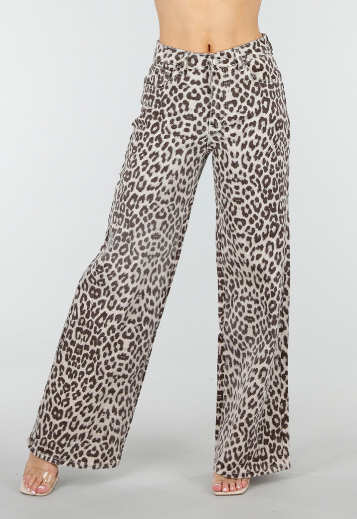 Beige Leopard Denim Jeans met Wide Leg en Steekzakken