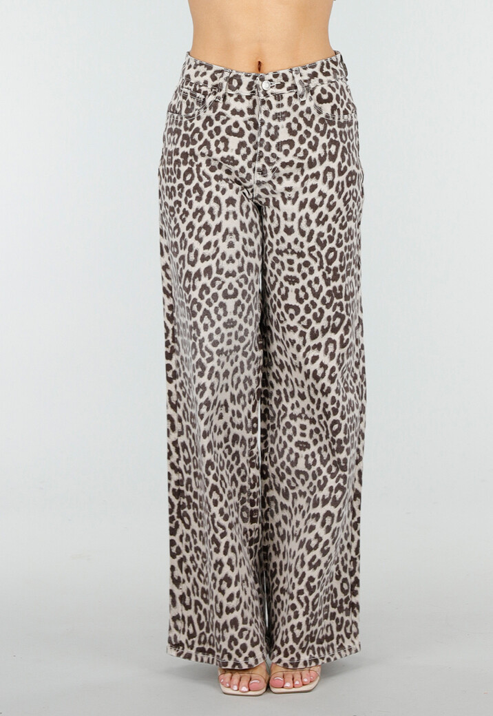 Beige Leopard Denim Jeans met Wide Leg en Steekzakken