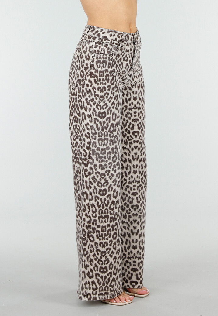 Beige Leopard Denim Jeans met Wide Leg en Steekzakken
