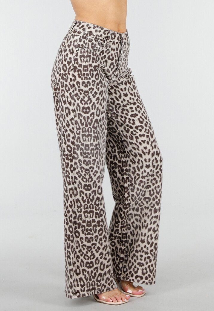 Beige Leopard Denim Jeans met Wide Leg en Steekzakken