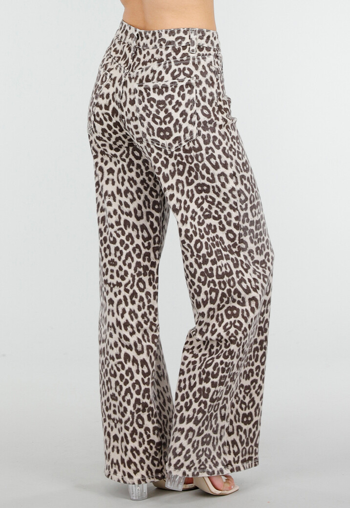 Beige Leopard Denim Jeans met Wide Leg en Steekzakken