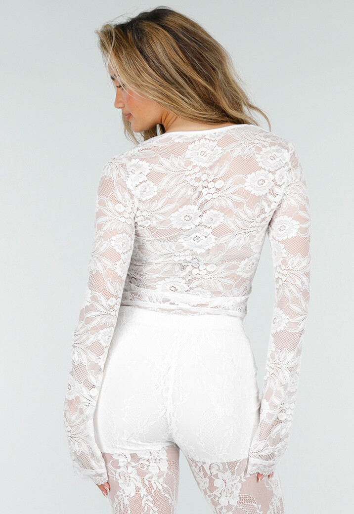 Witte Top met Kant en Lange Mouwen en Vierkante Hals