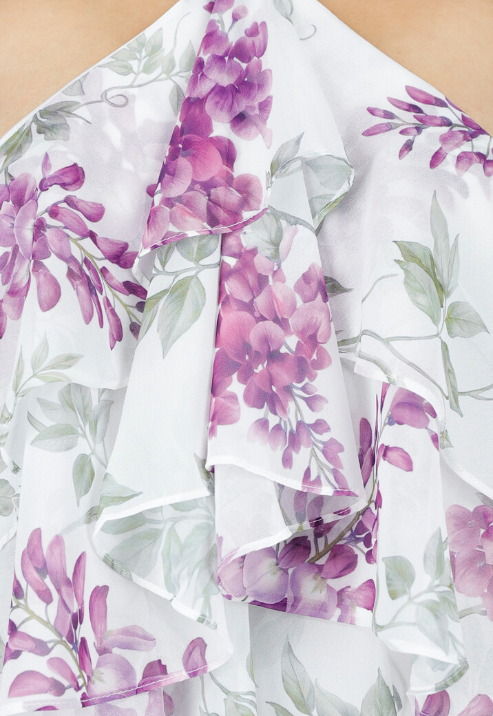 Paarse Maxi Halter Jurk met Bloemenprint en Gelaagde Ruches