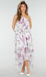 Paarse Maxi Halter Jurk met Bloemenprint en Gelaagde Ruches