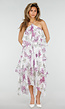 Paarse Maxi Halter Jurk met Bloemenprint en Gelaagde Ruches