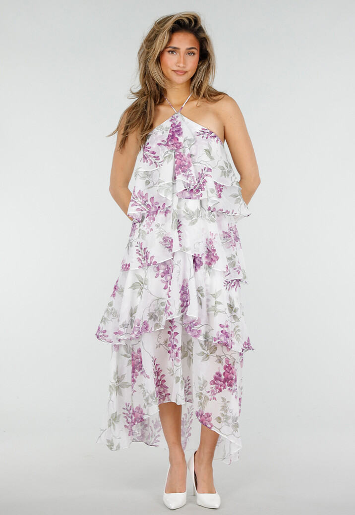 Paarse Maxi Halter Jurk met Bloemenprint en Gelaagde Ruches