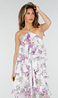 Paarse Maxi Halter Jurk met Bloemenprint en Gelaagde Ruches