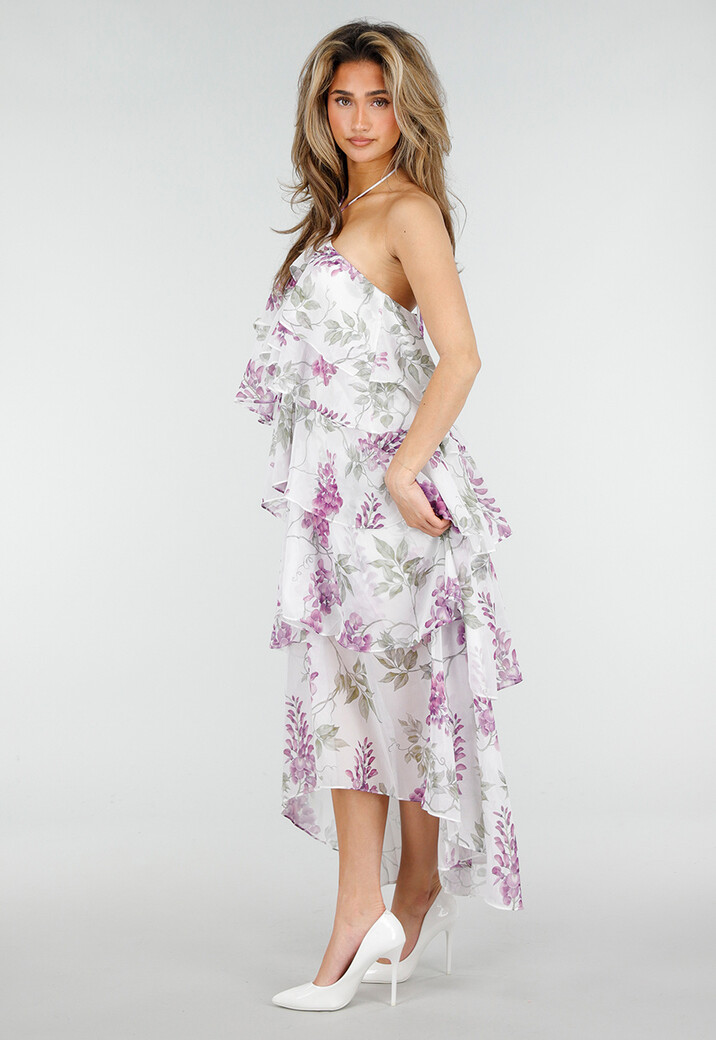 Paarse Maxi Halter Jurk met Bloemenprint en Gelaagde Ruches