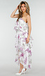 Paarse Maxi Halter Jurk met Bloemenprint en Gelaagde Ruches