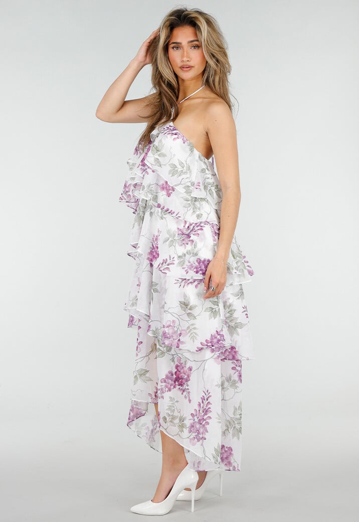 Paarse Maxi Halter Jurk met Bloemenprint en Gelaagde Ruches