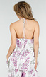Paarse Maxi Halter Jurk met Bloemenprint en Gelaagde Ruches