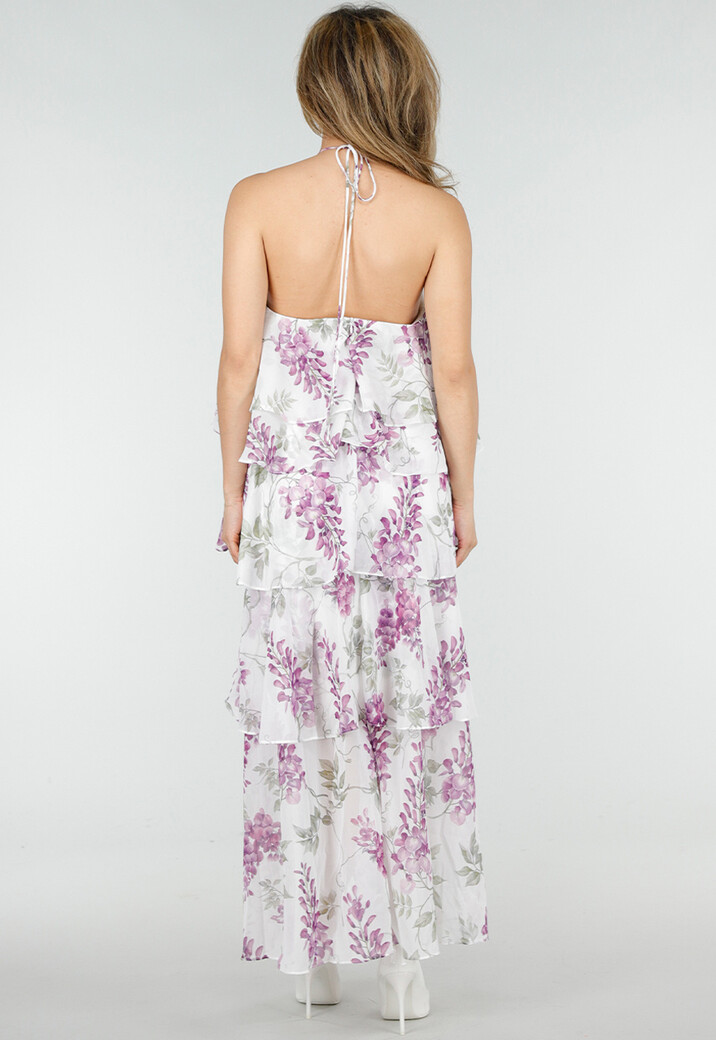Paarse Maxi Halter Jurk met Bloemenprint en Gelaagde Ruches