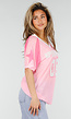 Roze Mesh Jersey Top met V-hals en Korte Mouwen en Print