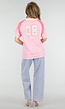 Roze Mesh Jersey Top met V-hals en Korte Mouwen en Print
