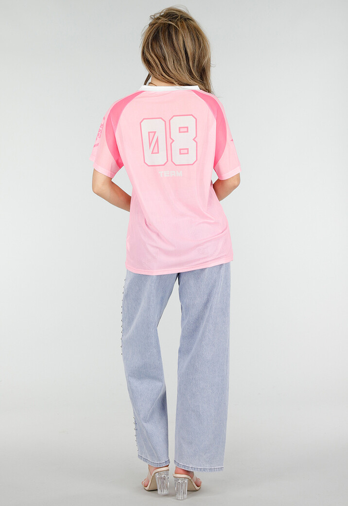 Roze Mesh Jersey Top met V-hals en Korte Mouwen en Print