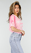 Roze Mesh Jersey Top met V-hals en Korte Mouwen en Print