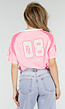 Roze Mesh Jersey Top met V-hals en Korte Mouwen en Print