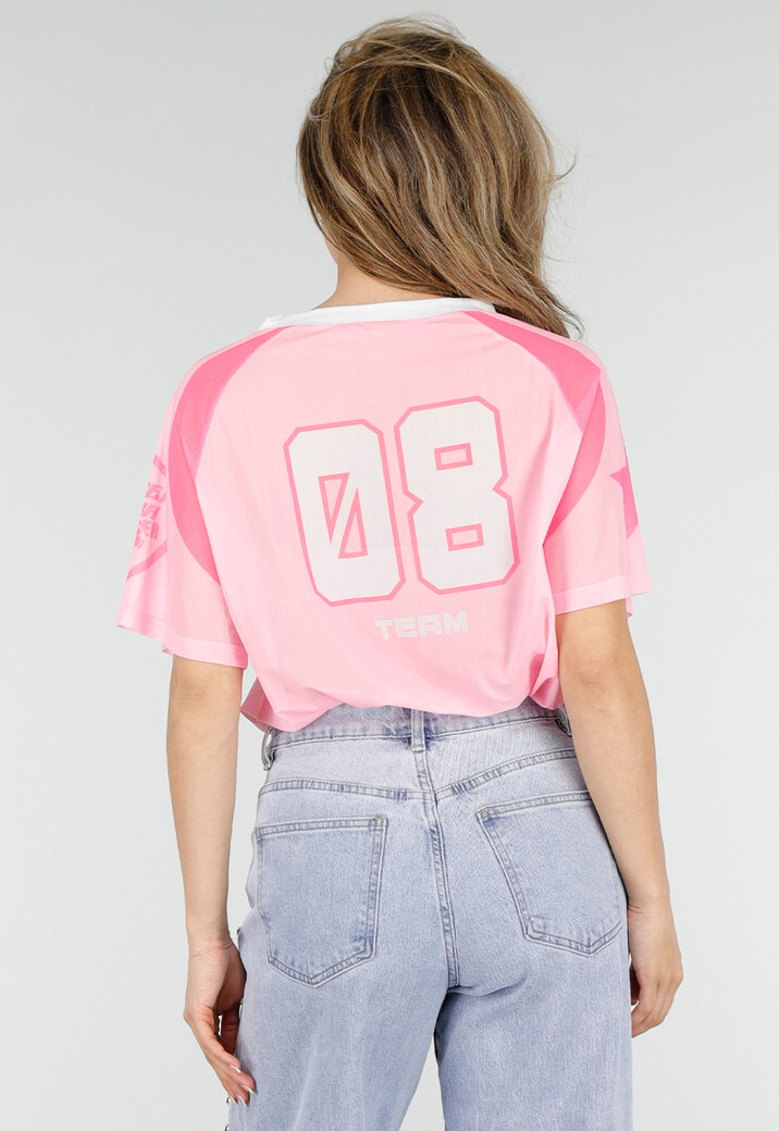 Roze Mesh Jersey Top met V-hals en Korte Mouwen en Print
