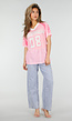 Roze Mesh Jersey Top met V-hals en Korte Mouwen en Print