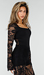 Zwarte Kanten Top met Lange Mouwen en Vierkante Hals