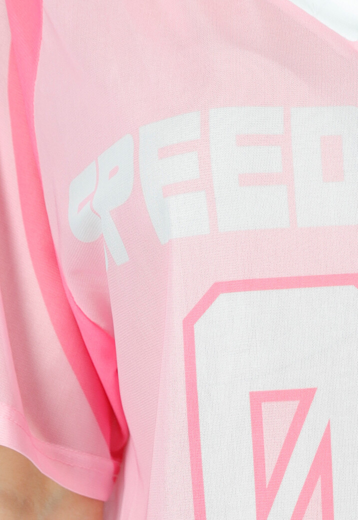 Roze Mesh Jersey Top met V-hals en Korte Mouwen en Print