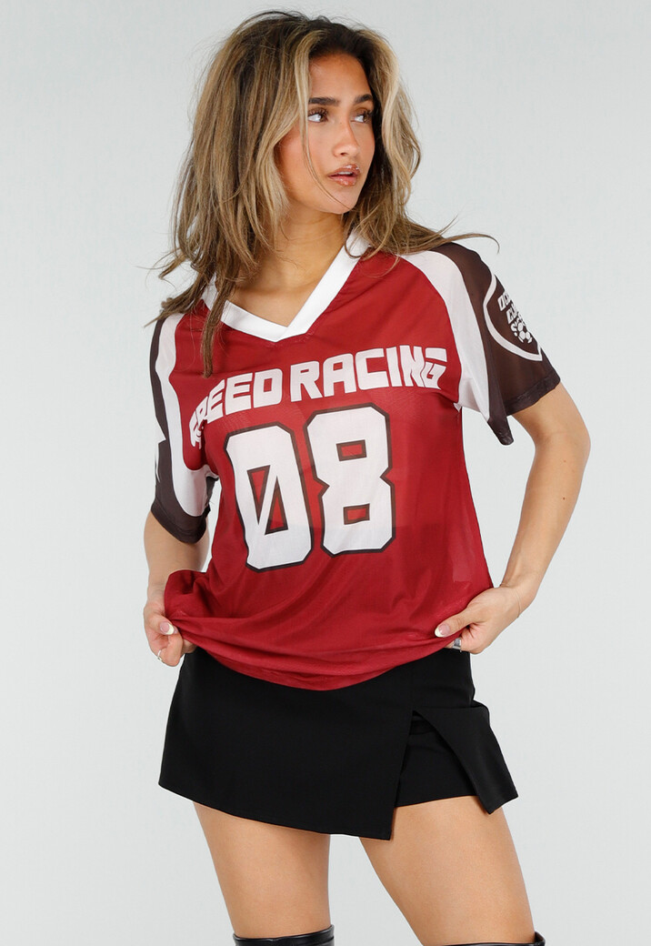 Bordeaux Mesh Jersey T-Shirt met Print en V-hals