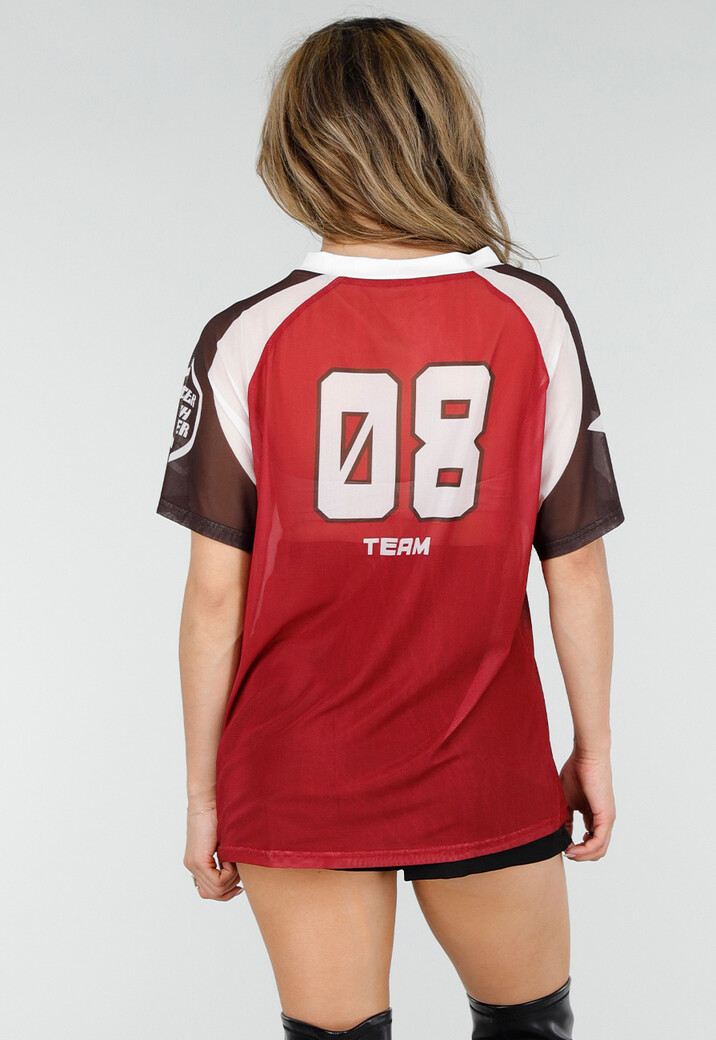 Bordeaux Mesh Jersey T-Shirt met Print en V-hals