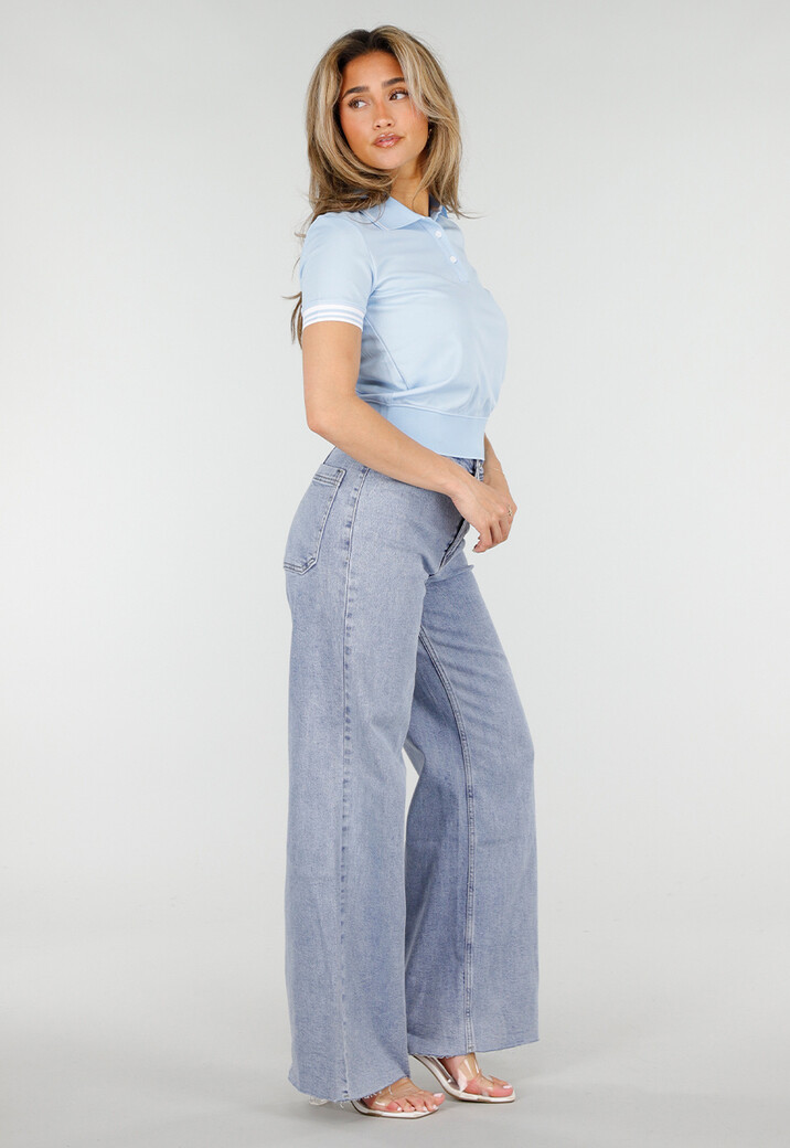 Lichtblauwe Cropped Polo Top met Kraag Knoopsluiting en Strepen