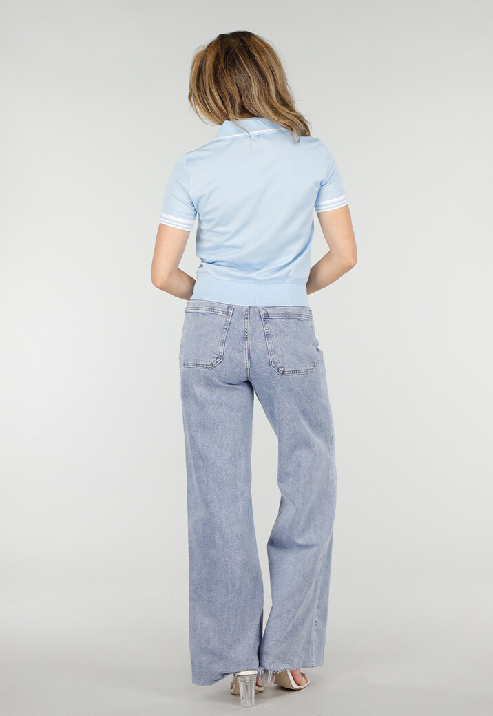 Lichtblauwe Cropped Polo Top met Kraag Knoopsluiting en Strepen