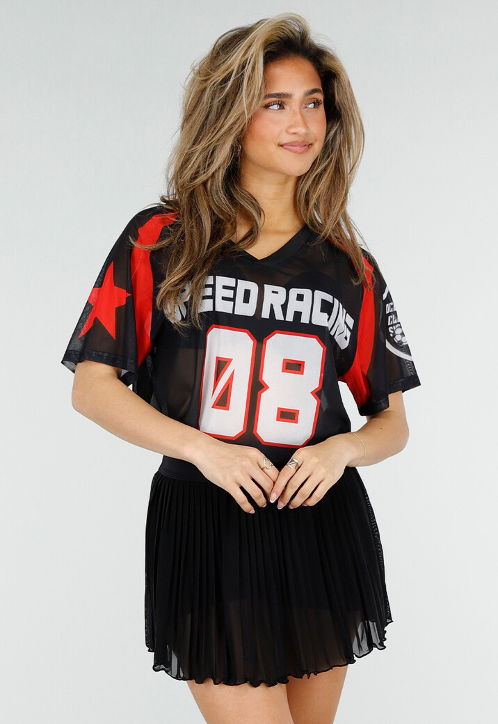 Zwart Rood Mesh Jersey T-Shirt met Print en V-hals