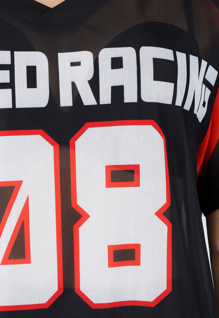 Zwart Rood Mesh Jersey T-Shirt met Print en V-hals