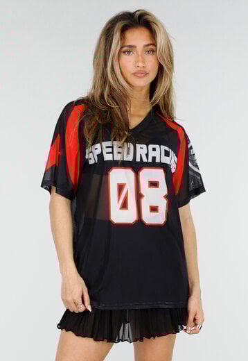 Zwart Rood Mesh Jersey T-Shirt