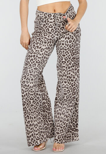 Beige Wide Leg Leopard Denim Jeans