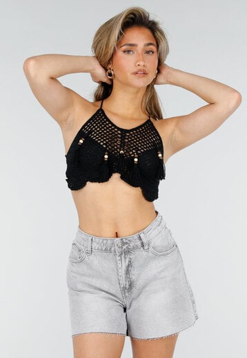 Zwarte Gehaakte Halter Top met Kwastjes